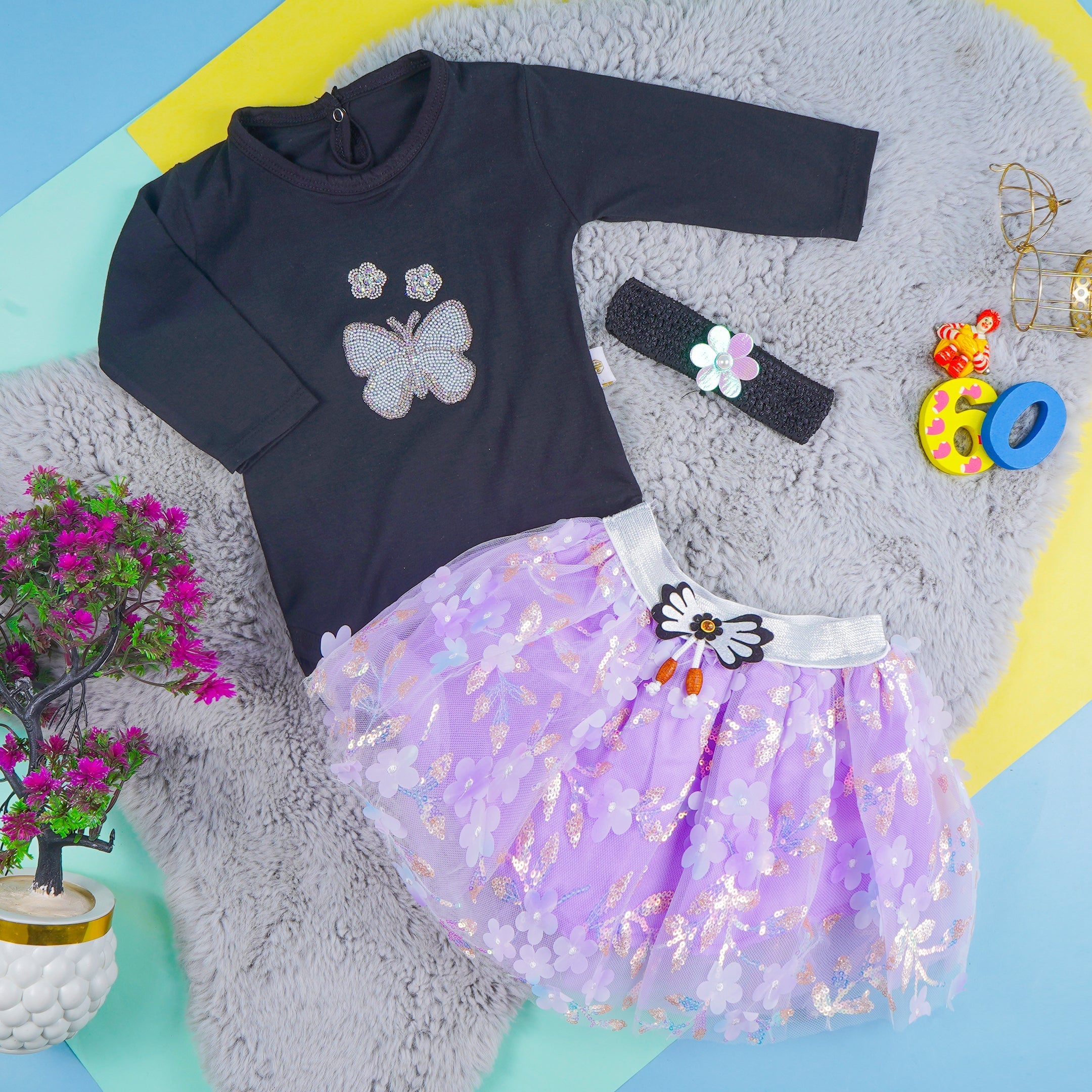 SUNSHINE BABY BODYSUIT FROK AND HEAD BAND PURPLE 6-9M