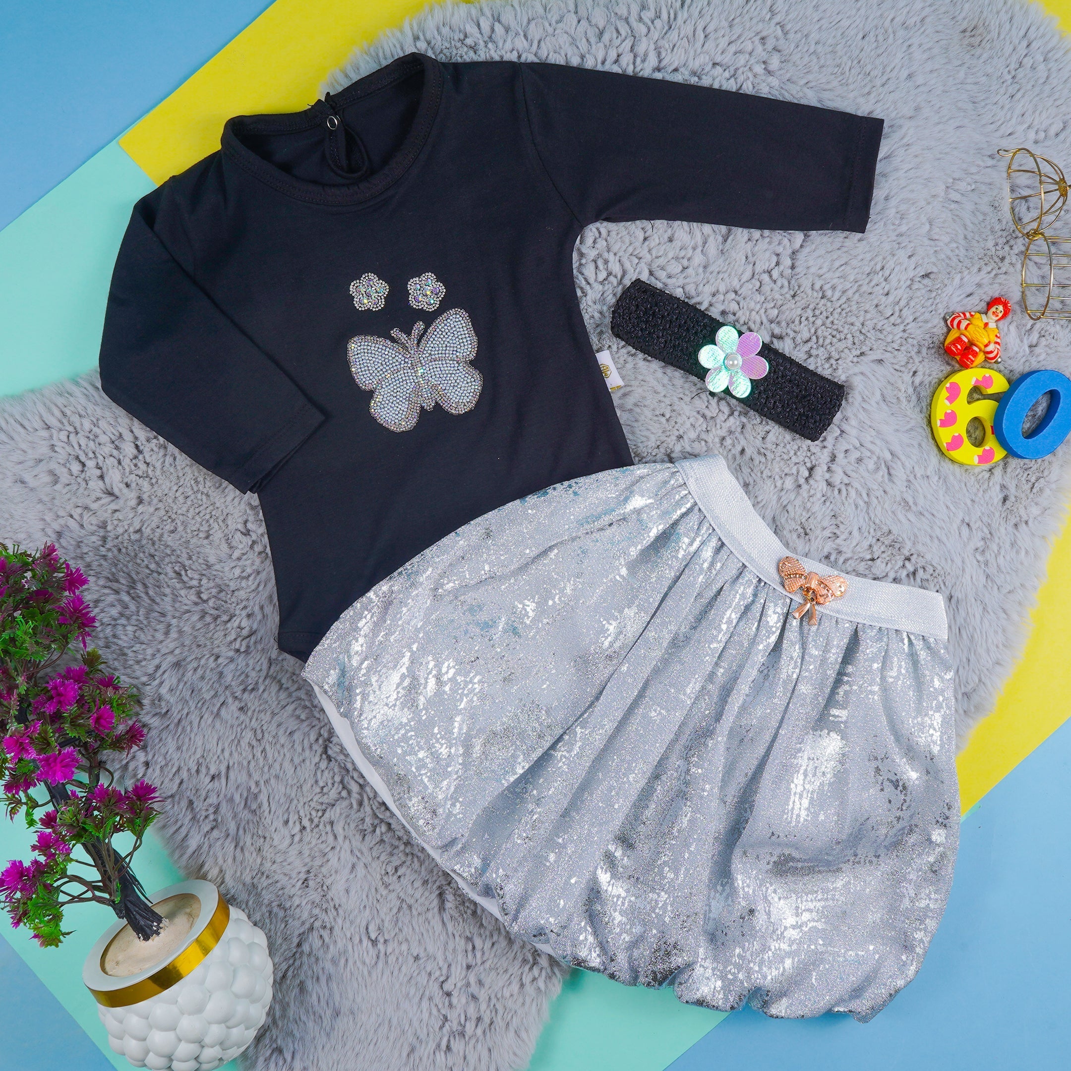 SUNSHINE BABY BODYSUIT FROK AND HEAD BAND SILVER 6-9M