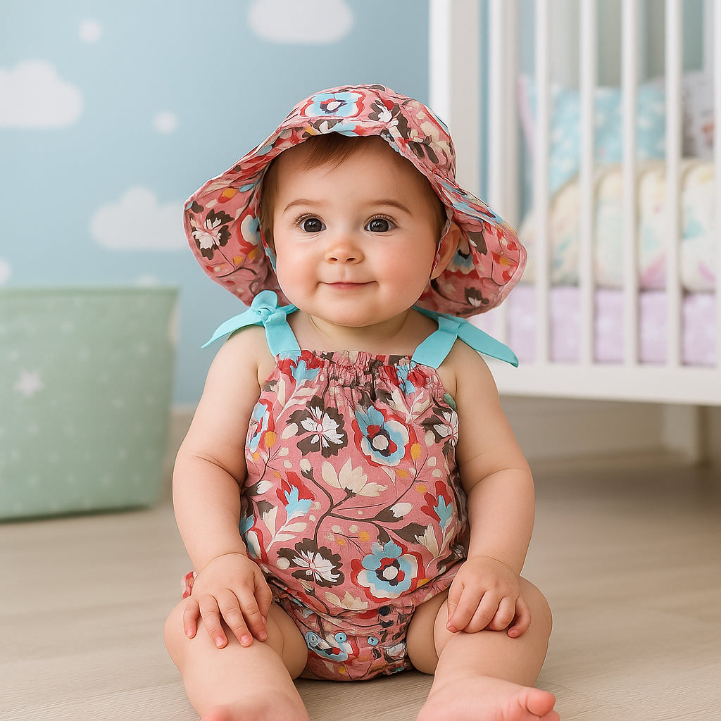 SUNSHINE BABY BODYSUIT SLEEVELESS FROCK MULTI FLOWERS PEACH L 12-18M