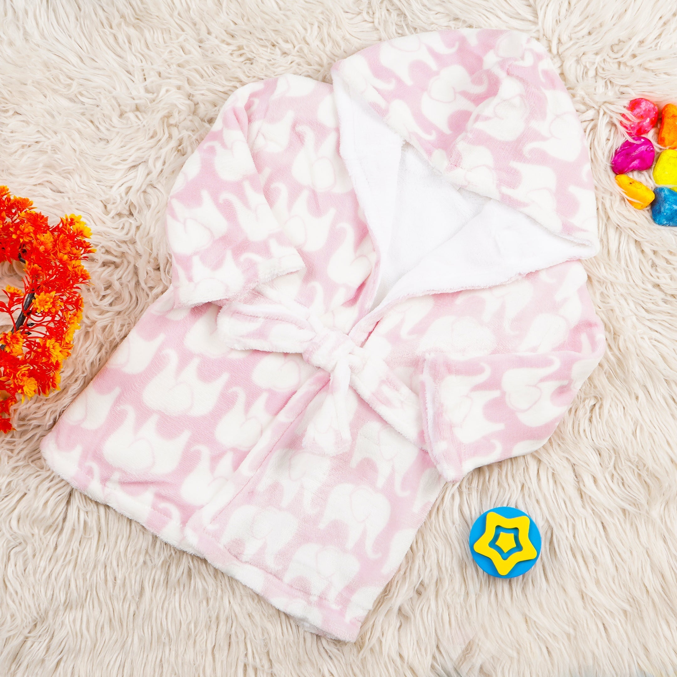 SUNSHINE BABY BATH ROBE ELEPHANT PINK 0-18M