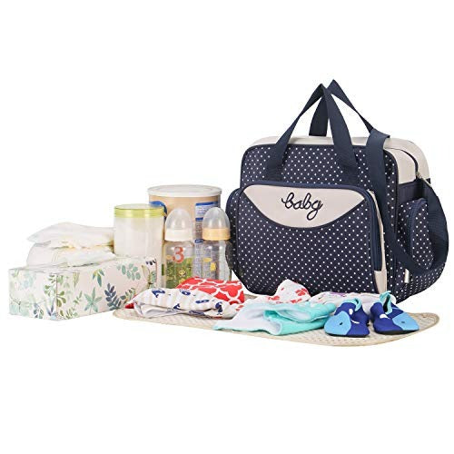 Baby 5Pcs Diaper Bag Polka Dots Navy Blue - Sunshine