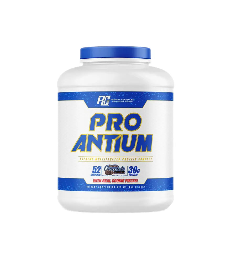 Pro Antium protein powder container with blue and white label on a white background