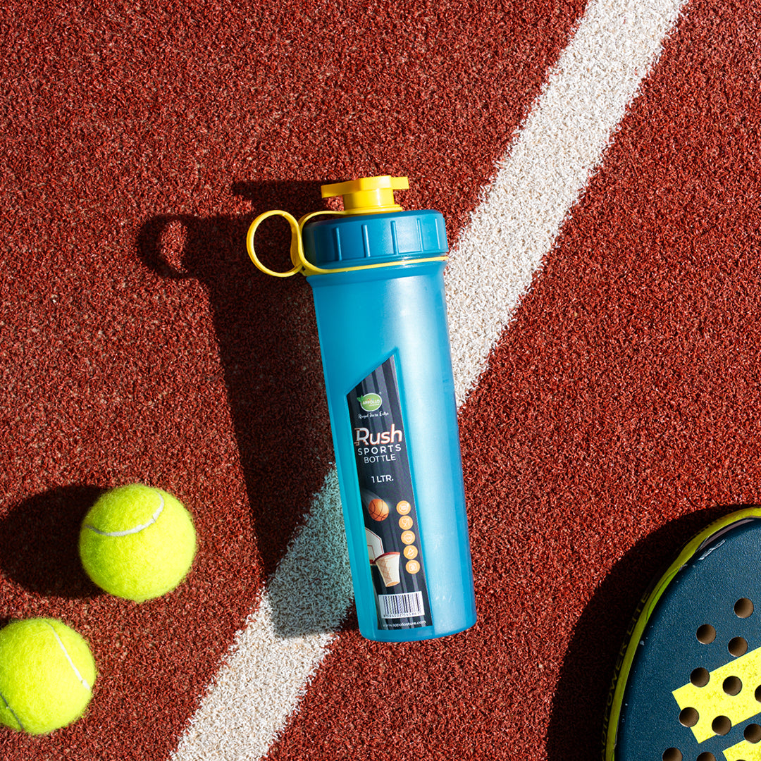 Rush Sports Water Bottle – 800ml & 1L sizes with twist-lock cap, spill-proof spout, and handle. Perfect for padel, cricket, football, gym, and indoor games