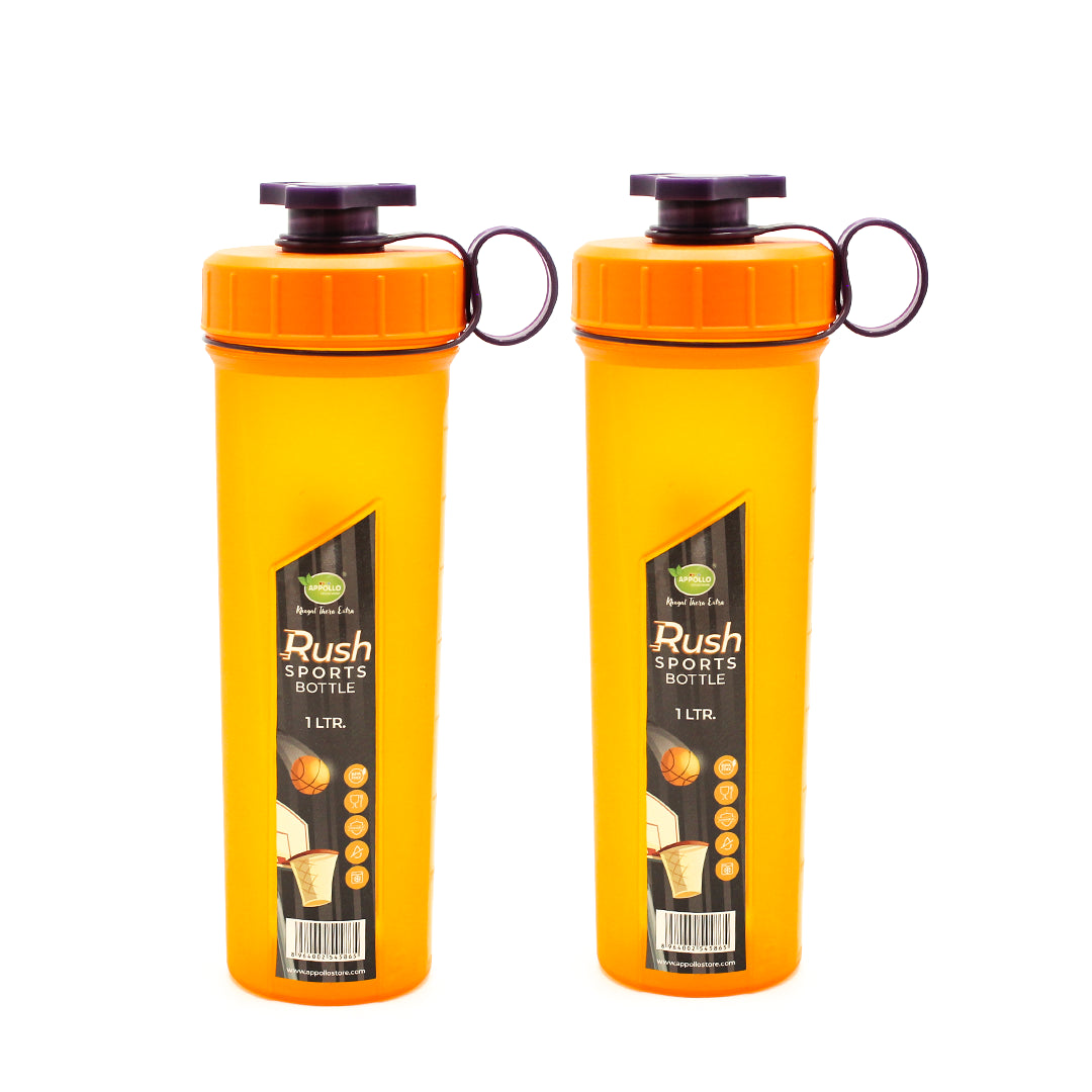 Rush Sports Water Bottle – 800ml & 1L sizes with twist-lock cap, spill-proof spout, and handle. Perfect for padel, cricket, football, gym, and indoor games